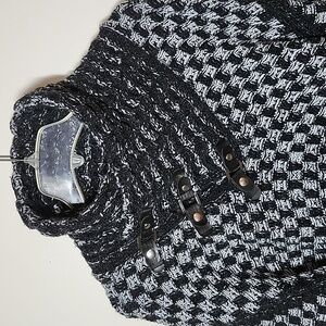 Leif Nelson Heavy Knit Sweater Chunky Collar Buckle Detail Black White XXL Mens